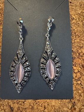 Set of Vintage-Style Silver Drop Earrings with Lavender or Bronze Center Stones
